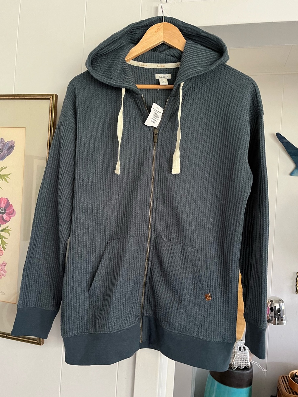 NWT LL Bean Waffle Knit Full Zip Hoodie Birchwood Brushed Rangeley Blue 517785